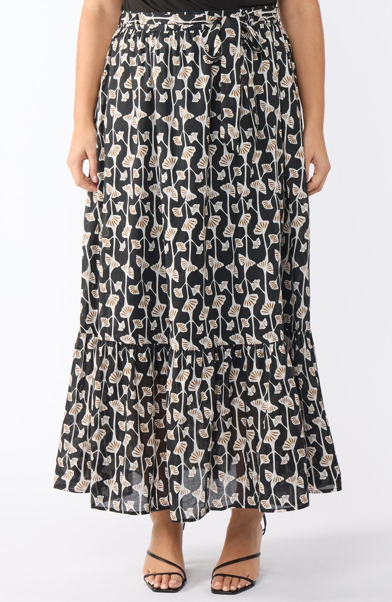 Estelle Sea Lily Belted Tiered Cotton Maxi Skirt, Main, color, Black Print