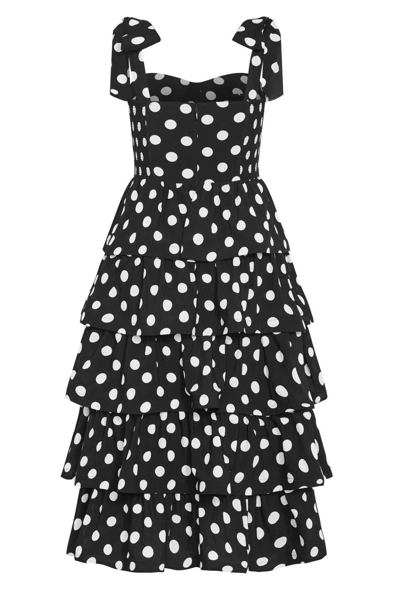 Elina Polka Dot Tie Strap Tiered Midi Dress, Alternate, color, SPOT