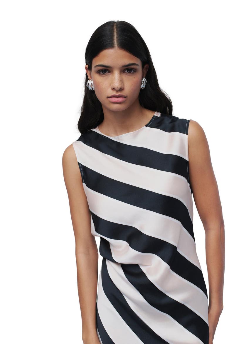Stripe Sleeveless Satin Drape Midi Dress, Alternate, color, BLACK