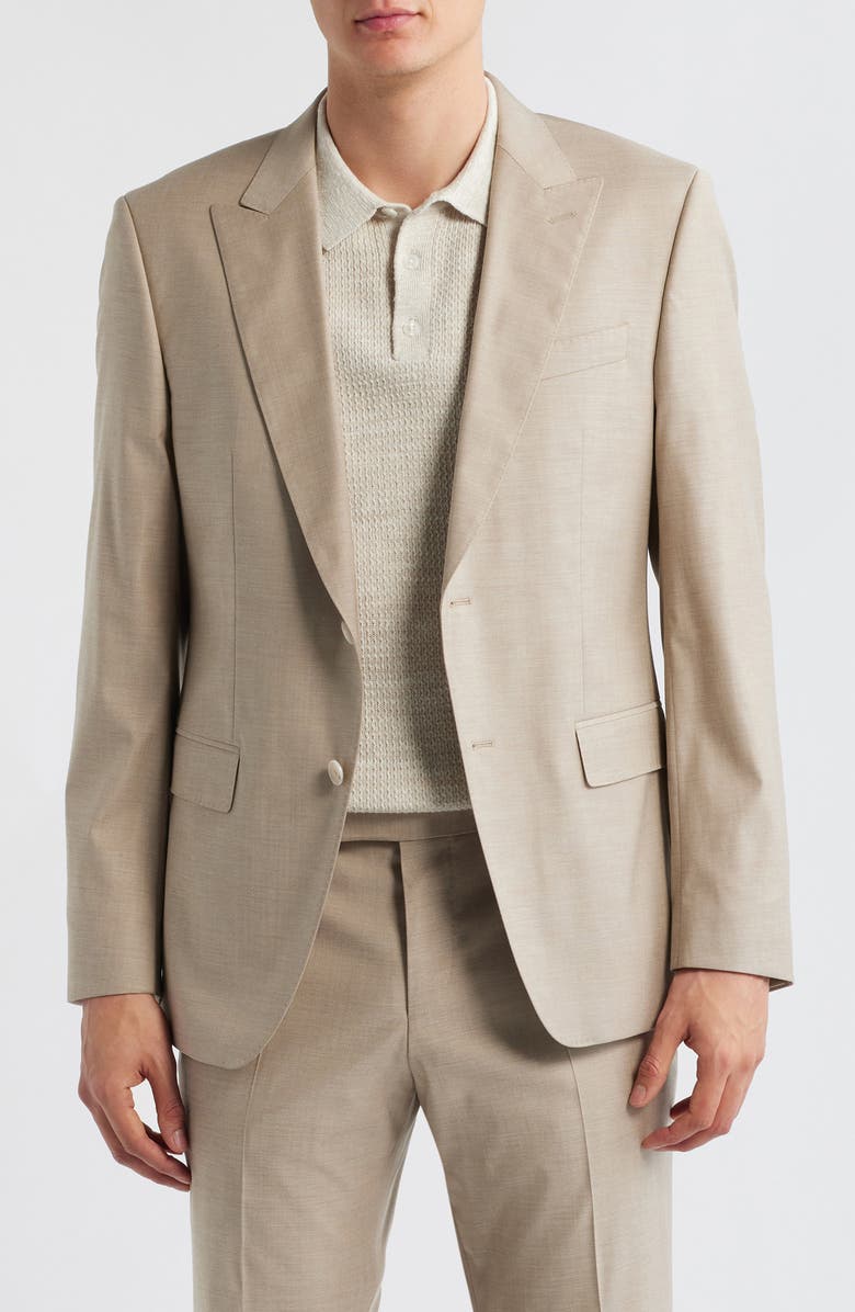 BOSS Huge Slim Fit Peak Lapel Wool Blend Mélange Suit, Alternate, color, Light Beige
