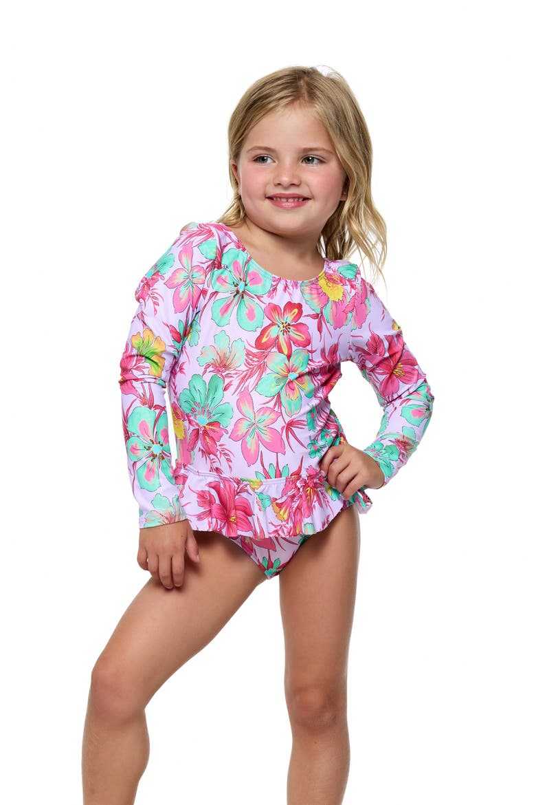 Kids' Rashguard Top & Bikini Bottoms Set, Alternate, color, LAVENDER MULTI