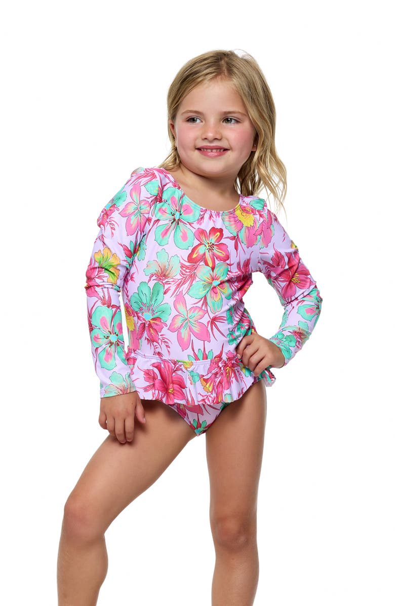 Beach Lingo Kids' Rashguard Top & Bikini Bottoms Set, Alternate, color, Lavender Multi