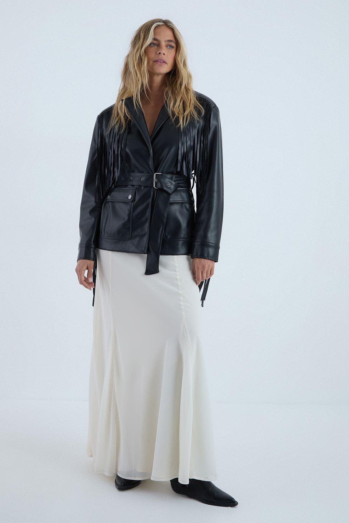 NASTY GAL Fringe Faux Leather Belted Jacket (Women) | Nordstrom