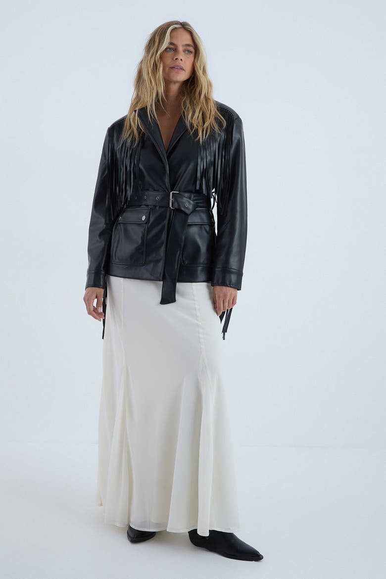 Fringe Faux Leather Belted Jacket, Alternate, color, Black