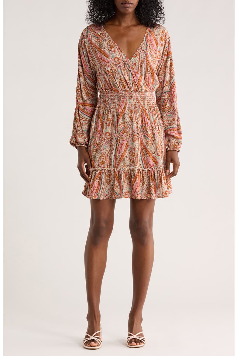 Paisley Long Sleeve Minidress, Main, color, NATURAL/ RUST