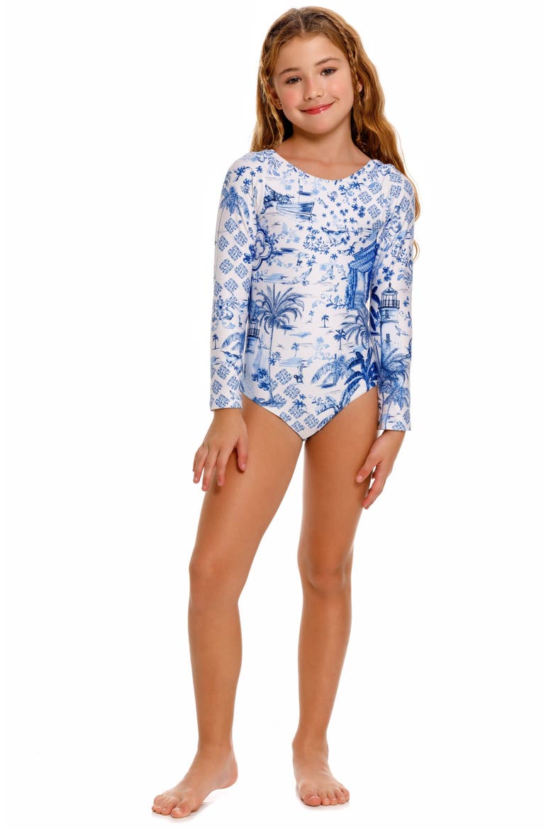 Kids' Honey Tales Long Sleeve One-Piece Rashguard Swimsuit, Alternate, color, BLUE