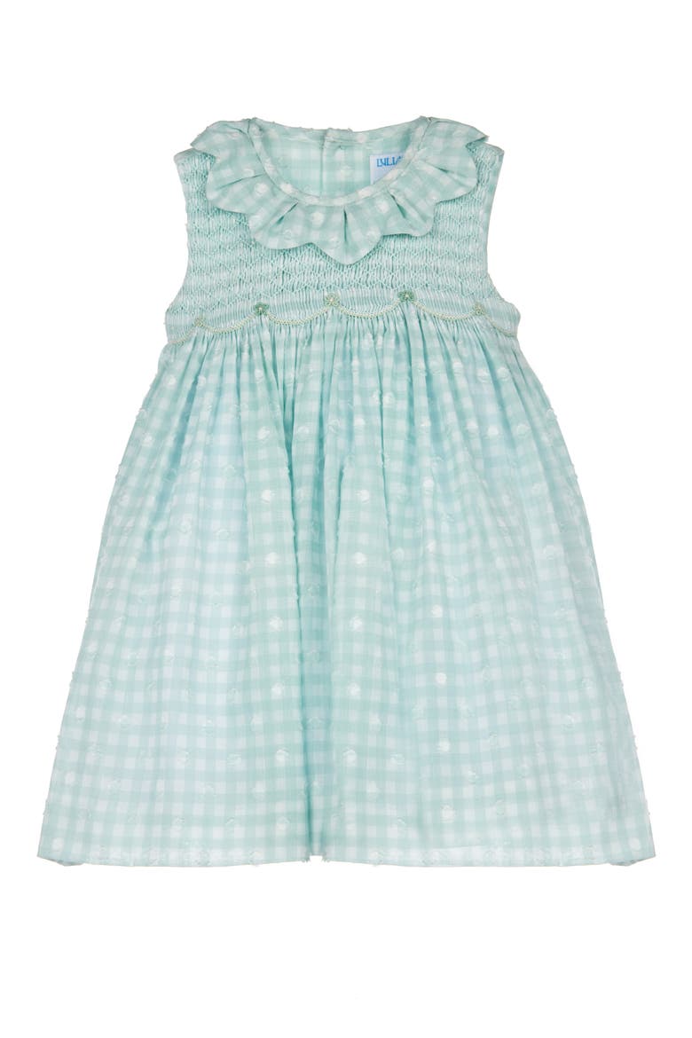 Petal Smocked Clip Dot Check Dress, Main, color, AQUA