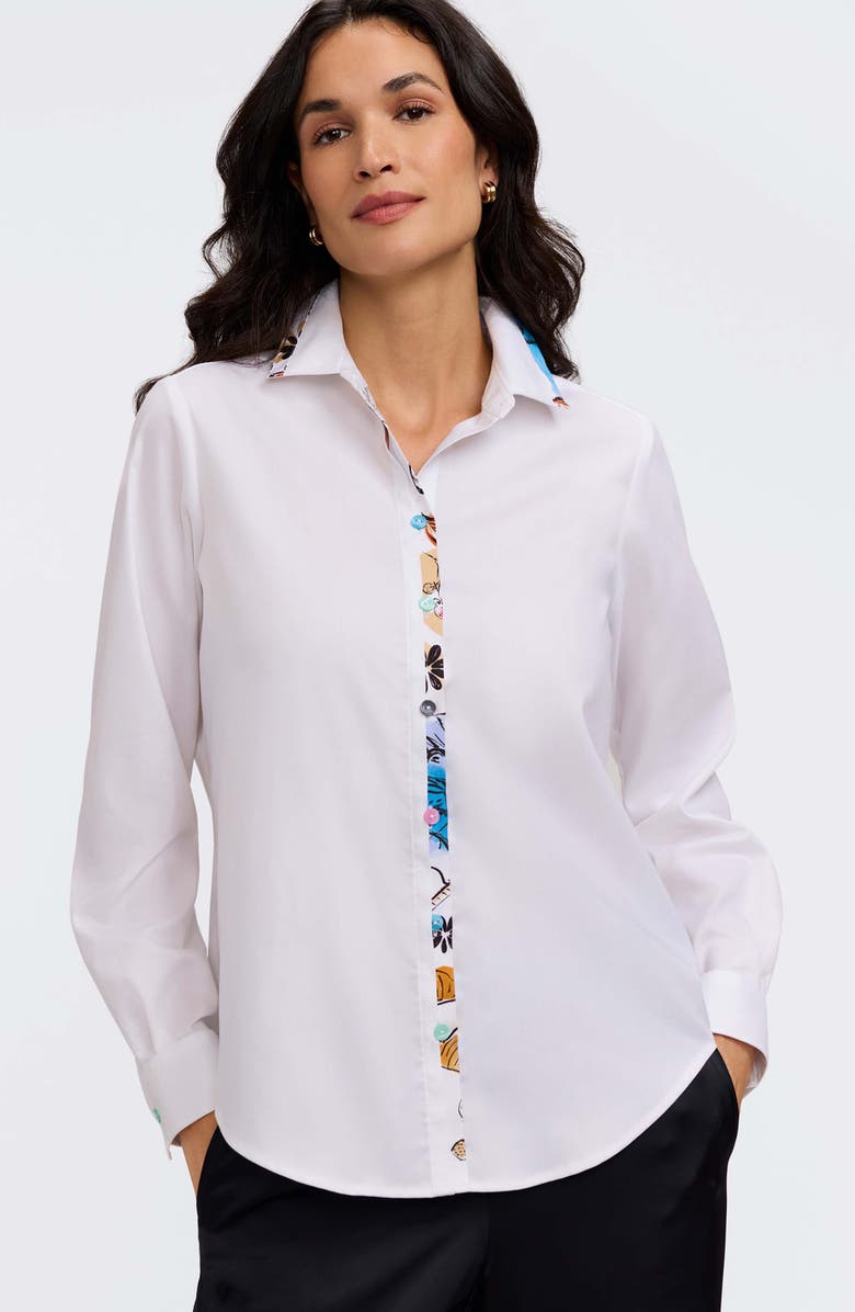 Foxcroft Charlie Floral Trim Cotton Blend Button-Up Shirt, Alternate, color, White