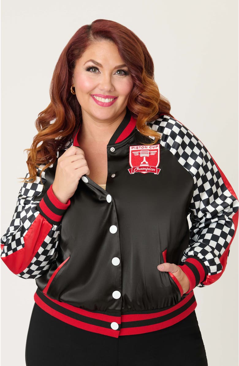 Unique Vintage Plus Size Satin Bomber Jacket, Main, color, Black Checkered