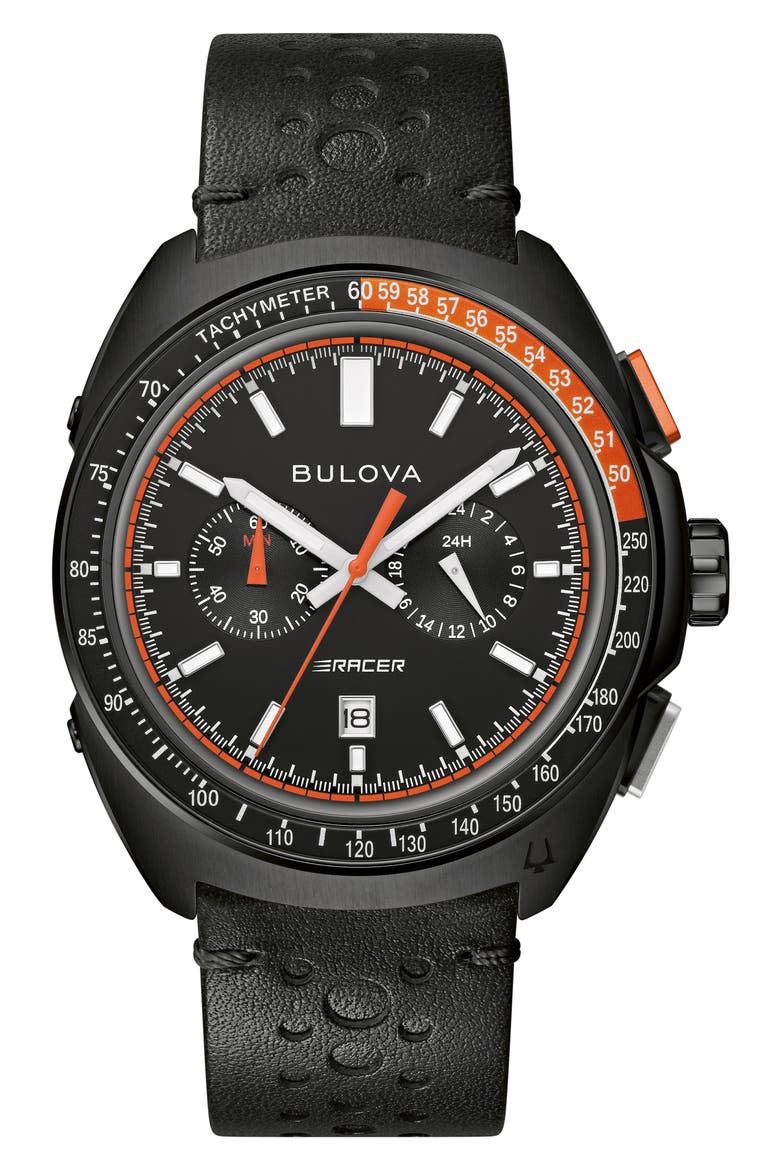 Racer Chronograph Leather Strap Watch, 42mm, Main, color, BLACK