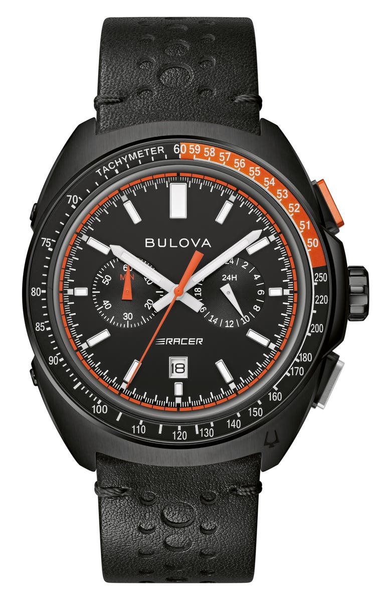 BULOVA Racer Chronograph Leather Strap Watch, 42mm, Main, color, Black