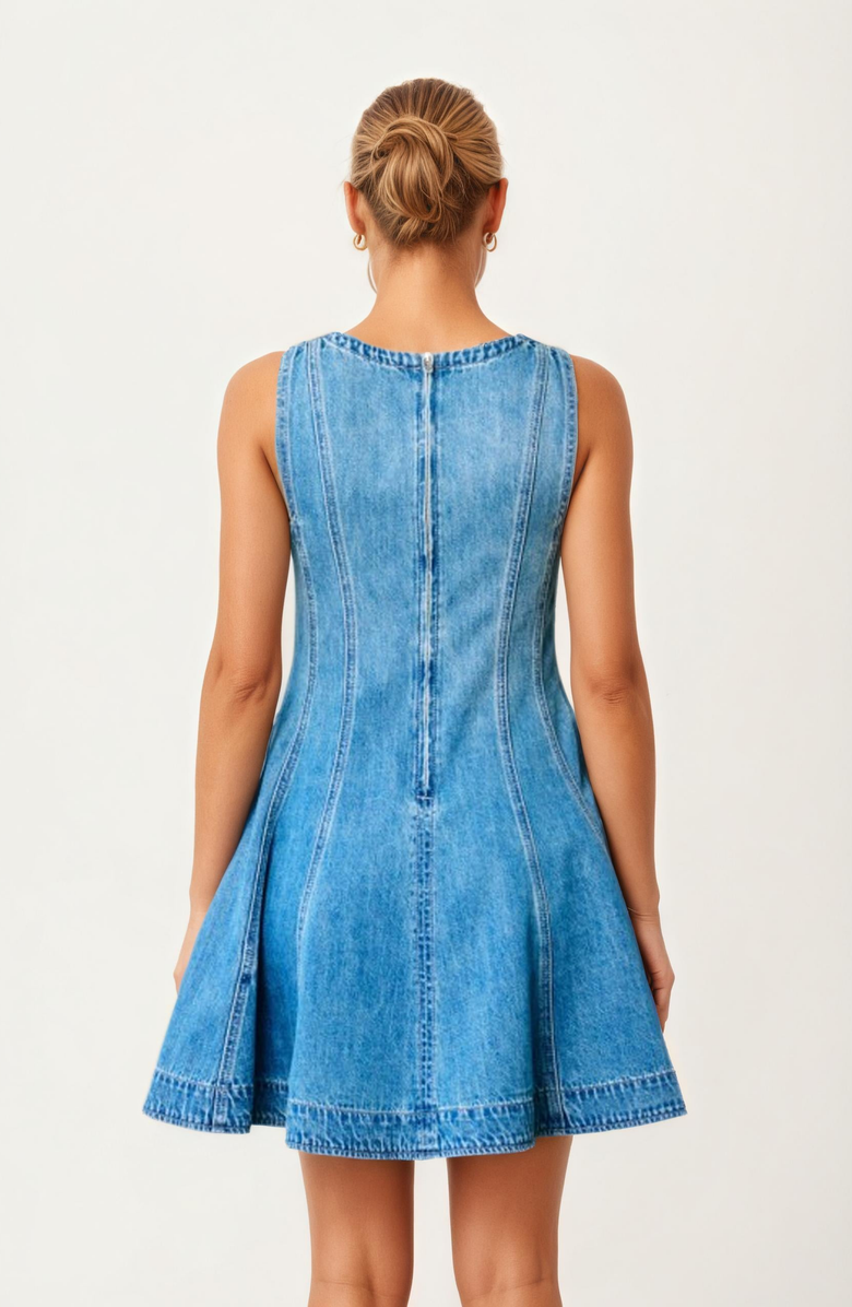 Knit and Lounge Sleeveless Denim Fit and Flare Mini Dress with Seamed Detailing, Alternate, color, Blue