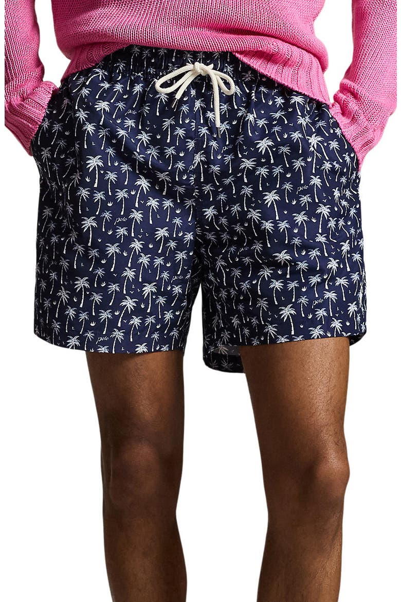 Traveler Classic Print Swim Trunks, Main, color, BLUE POLO PALMS