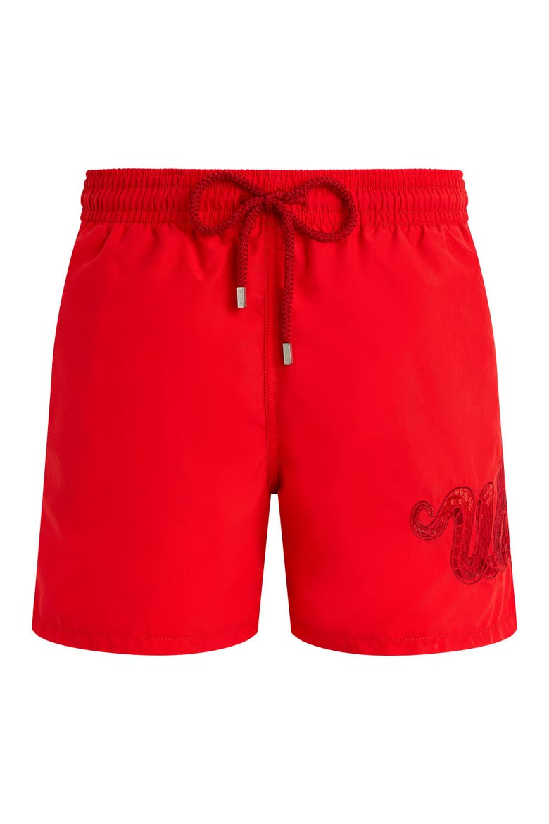 Men's Snake Embroidered Swim Shorts, Alternate, color, COQUELICOT