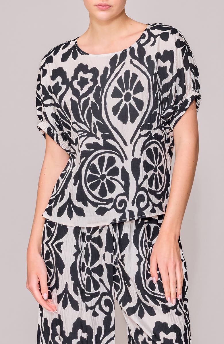 MELLODAY Floral Print Short Sleeve Woven Shirt, Main, color, Black White