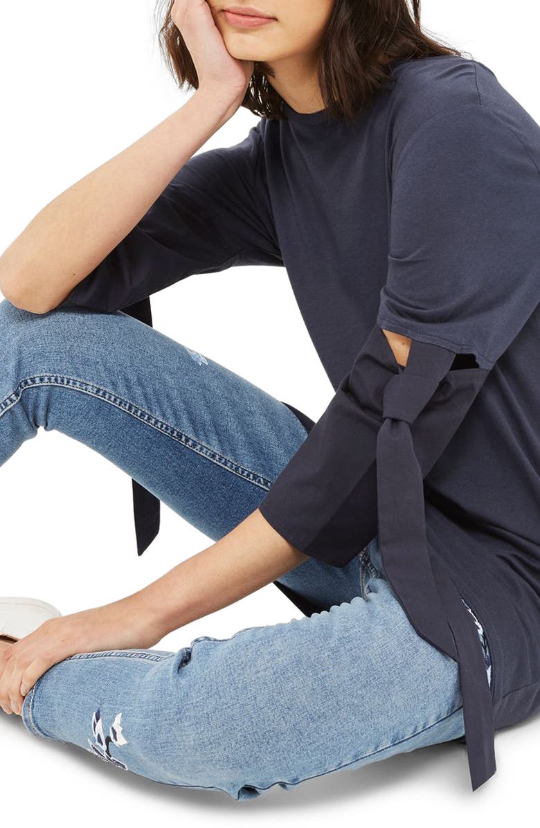 Topshop Tie Trumpet Sleeve Tunic, Main, color, Navy