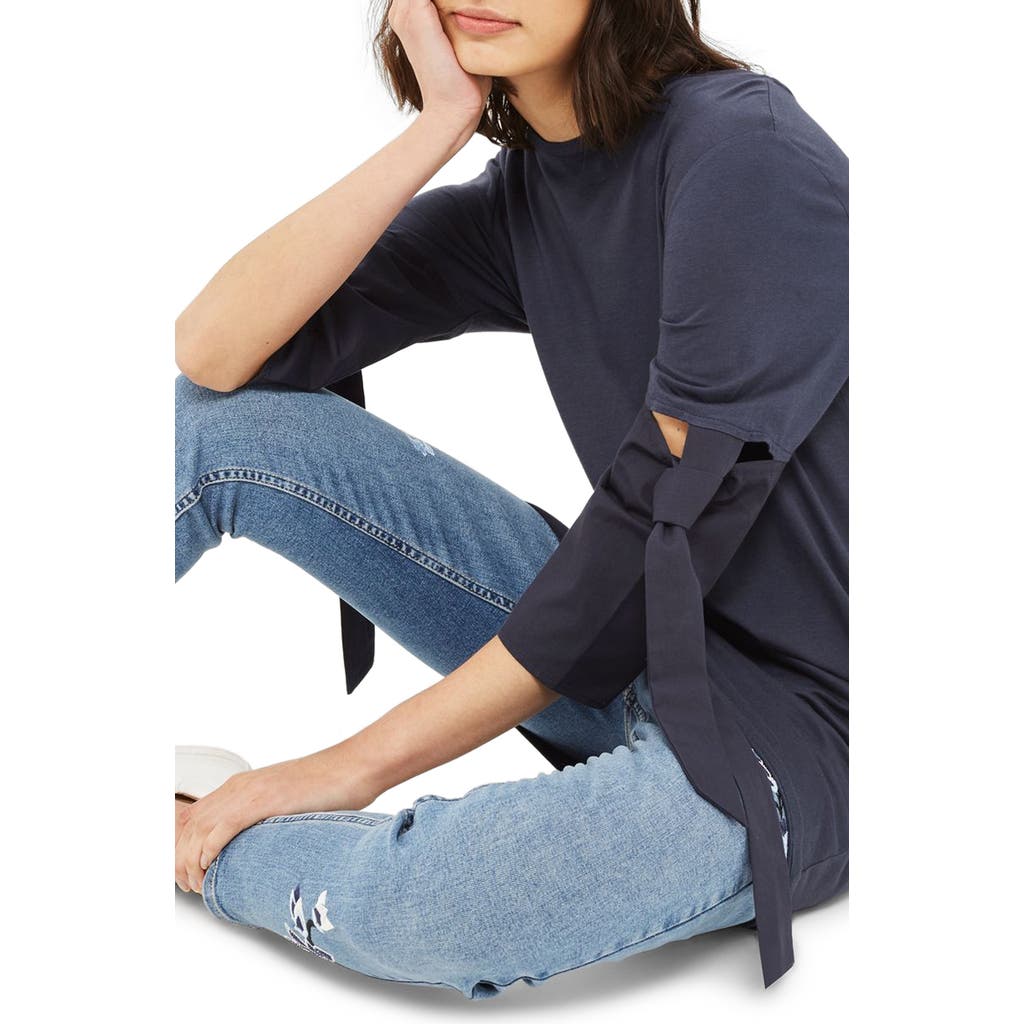 Topshop Tie Trumpet Sleeve Tunic In Blue