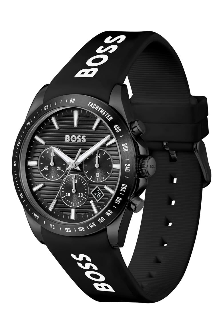 Strike Chronograph Silicone Strap Watch, 41mm, Alternate, color, BLACK