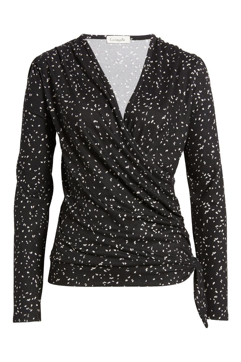Dot Print Faux Tie Wrap Top, Alternate, color, BLACK/ NAT