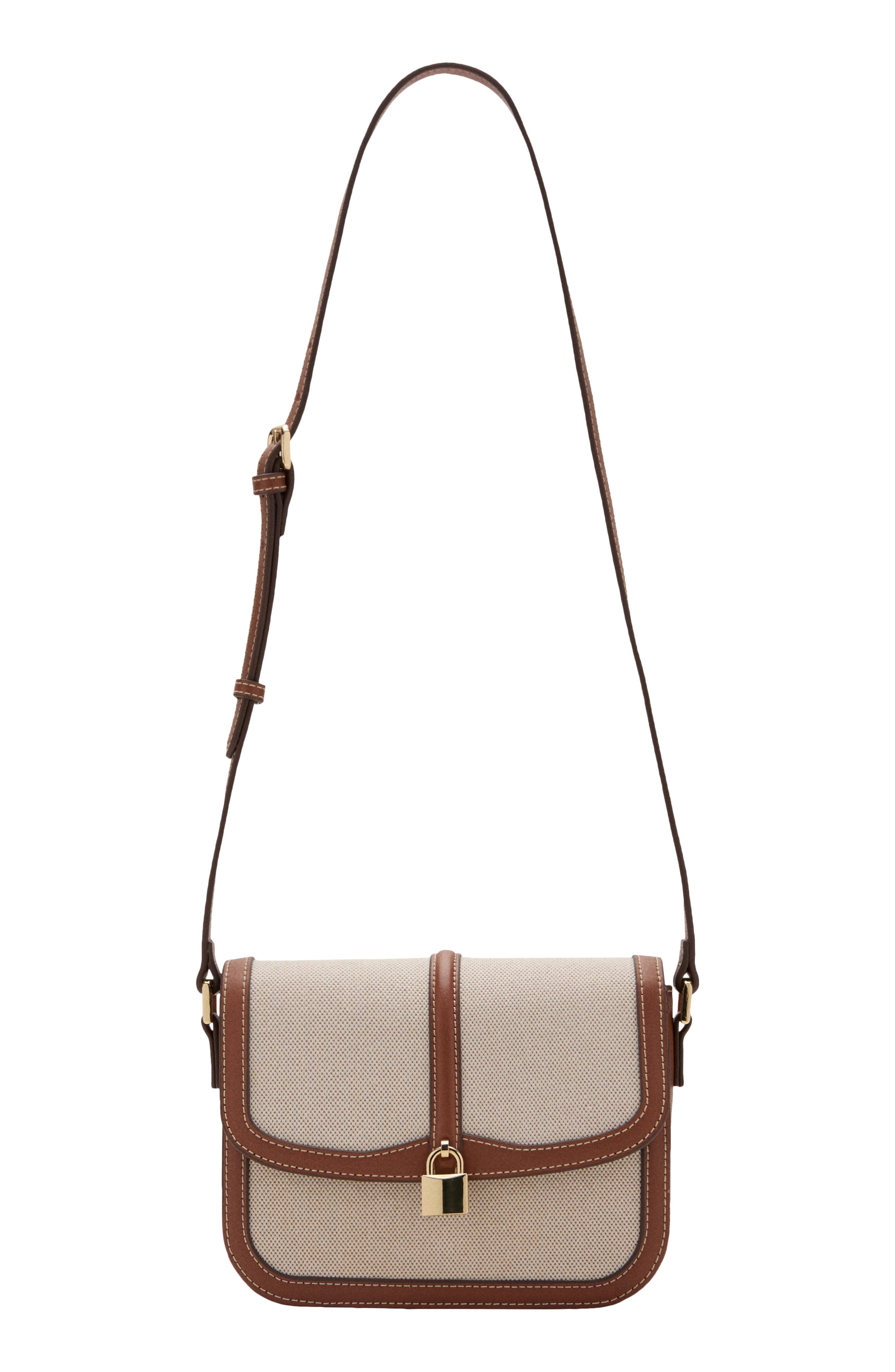 MANGO Contrasting Canvas & Faux Leather Shoulder Bag, Main, color, Leather