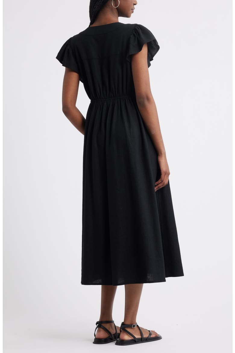 Short Sleeve Button Down Linen Blend Midi Dress, Alternate, color, BLACK