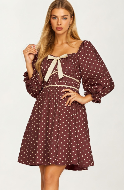 Polka Dot Puff Sleeve Bow Detail Mini Dress