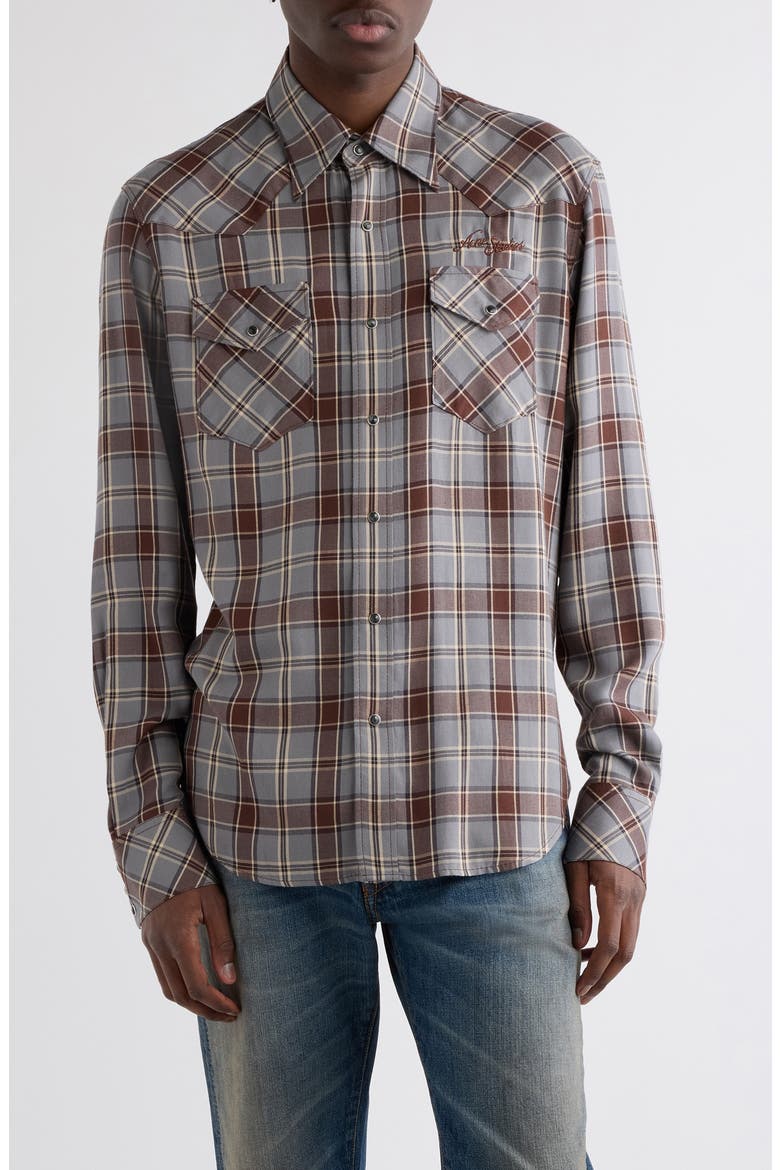 Surrow Embroidered Logo Plaid Flannel Western Shirt, Main, color, MULTI GREY