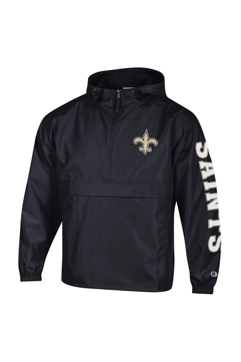 Men's Champion Black New Orleans Saints Packable Hooded Windbreaker Half-Zip Jacket, Alternate, color, Black