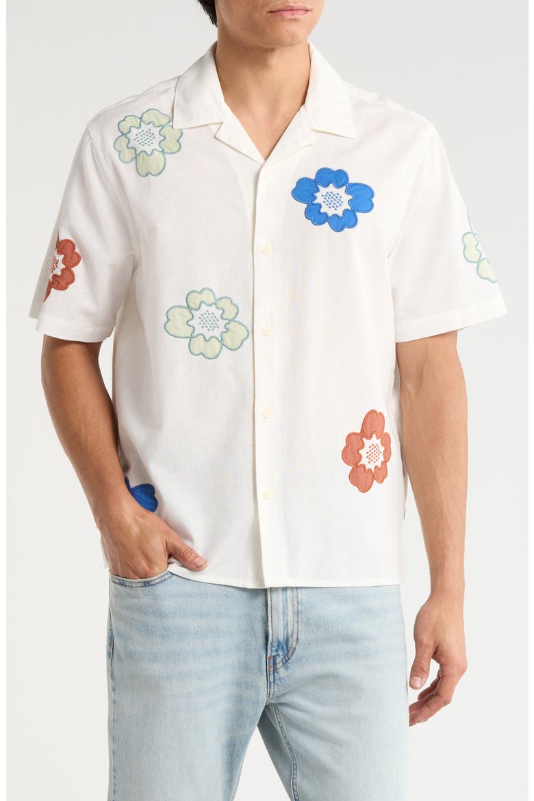 Didcot Floral Appliqué Cotton & Linen Camp Shirt, Main, color, ECRU / MULTI