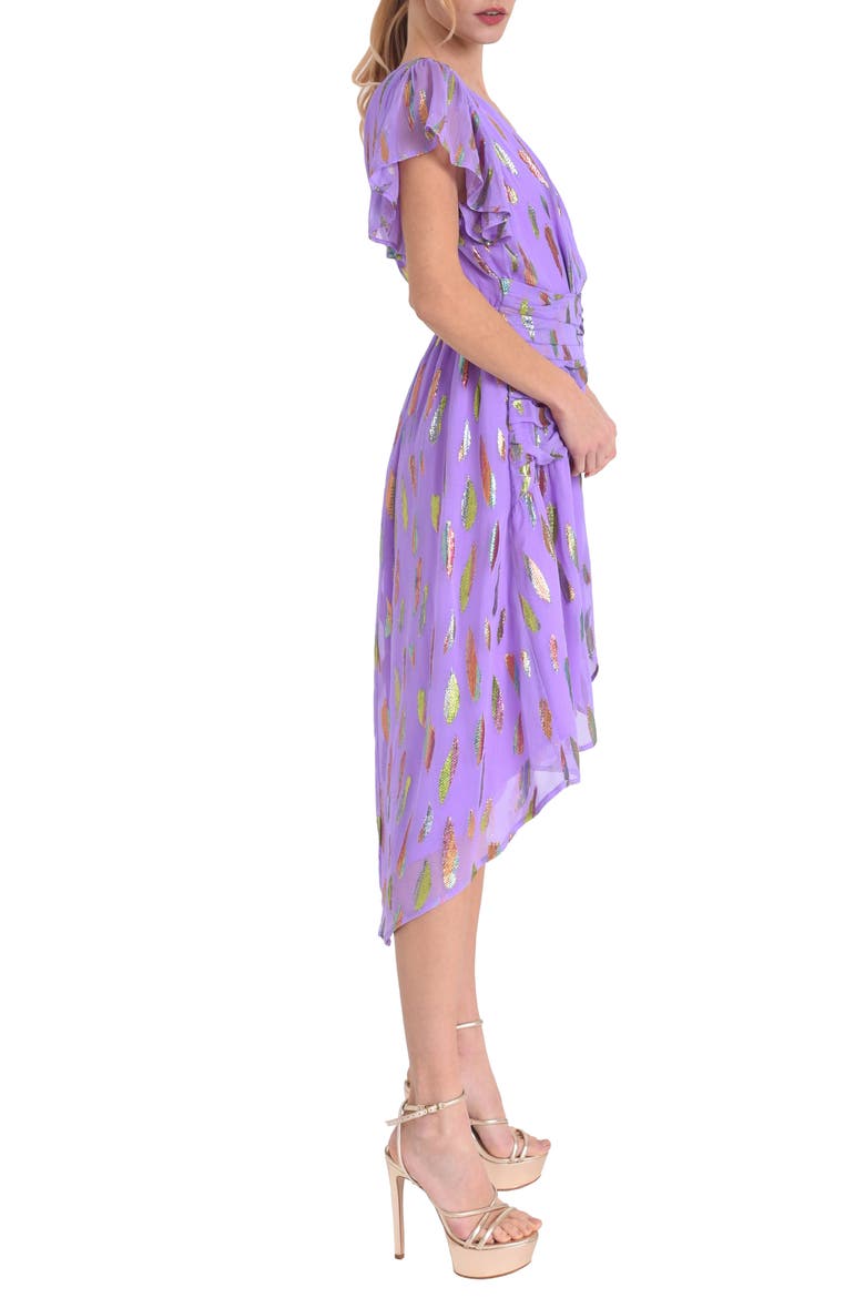 Palmina Metallic Leaf Print High-Low Dress, Alternate, color, PURPLE