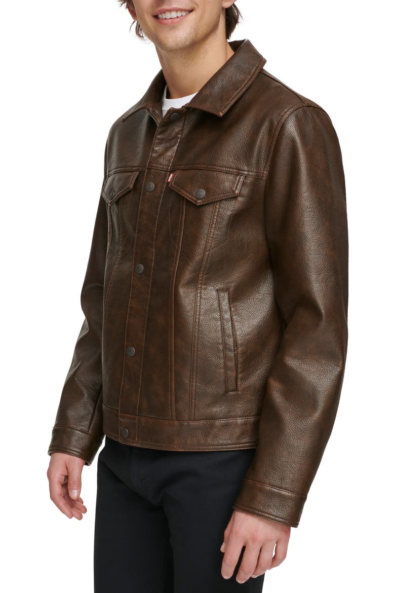 Faux Leather Trucker Jacket, Alternate, color, BROWN