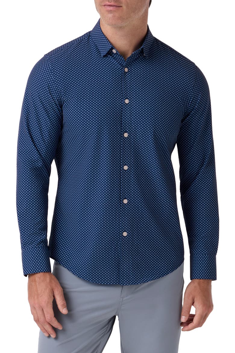 Leeward No Tuck Long Sleeve Dress Shirt, Main, color, MIDNIGHT NAVY CREST DOT