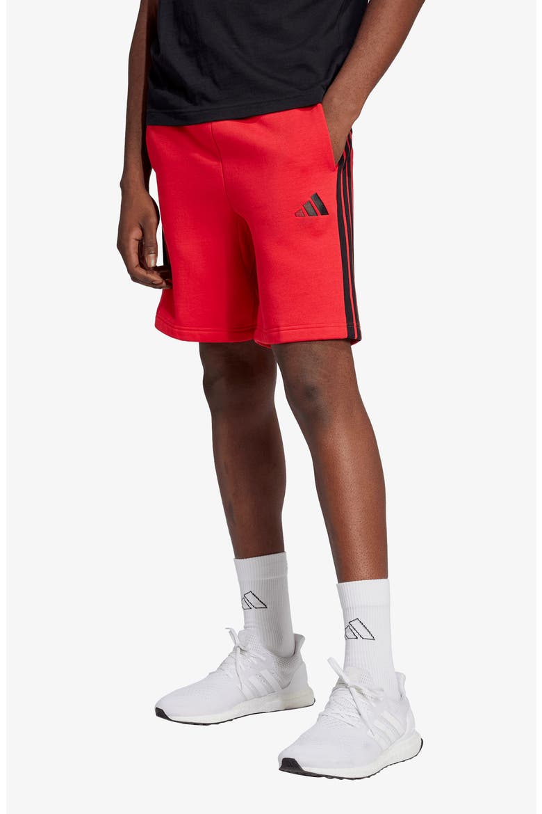 Essentials 3-Stripes Fleece Shorts, Main, color, PURE RUBY/ BLACK