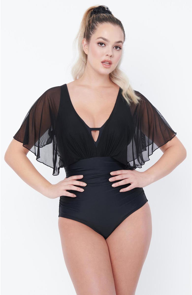 Unique Vintage Mesh Butterfly Sleeve Torrey One Piece Swimsuit, Main, color, Black