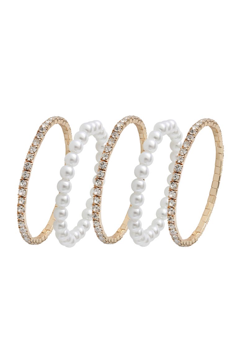Women's 5-Piece Stretch Bracelet Set, Crystal and Pearl Accents, Gold-Tone Plated Fashion Jewelry, Main, color, Gold-Tone