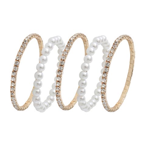 Women's 5-Piece Stretch Bracelet Set, Crystal and Pearl Accents, Gold-Tone Plated Fashion Jewelry