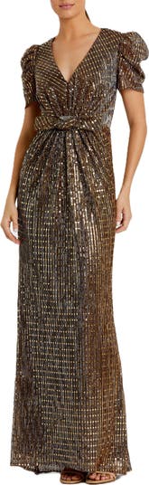 【Mac Duggal】Bow Waist Cap Sleeve llic Gown Brown Bow Waist Cap Sleeve Metallic Gown | Mac Duggal
