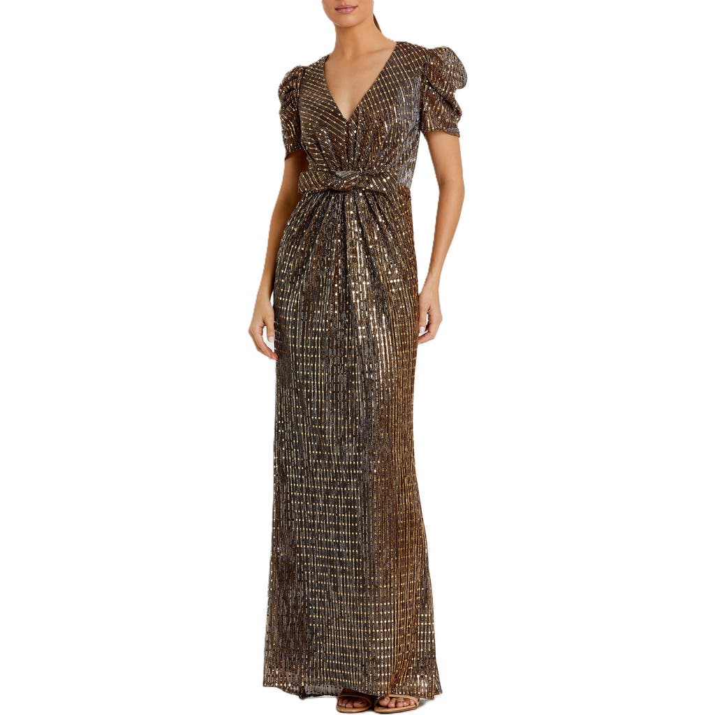Mac Duggal Metallic Puff-sleeve Gown In Bronze