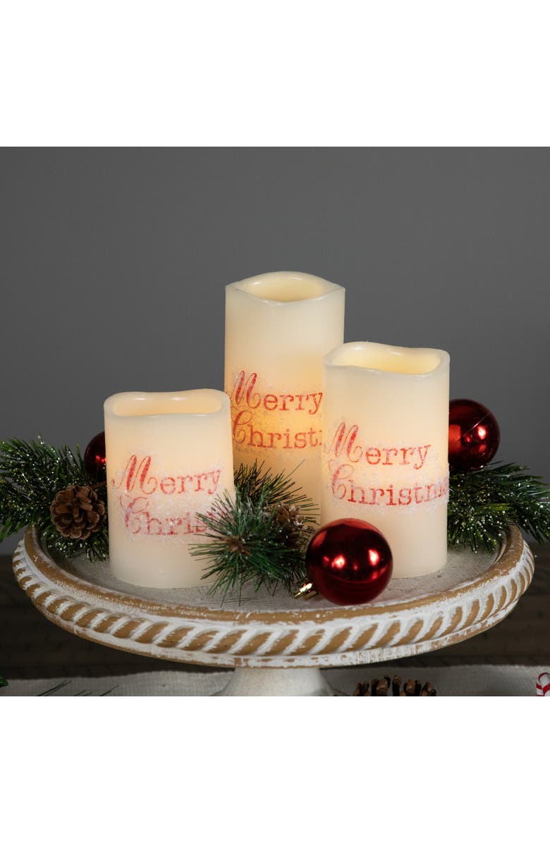 Northlight LED Flameless Frosted "Merry Christmas" Wax Pillar Candles - 6" - Set of 3, Alternate, color, White