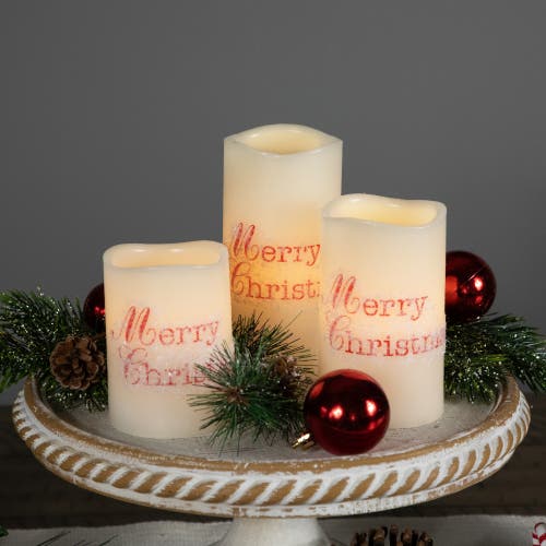 Northlight Led Flameless Frosted "merry Christmas" Wax Pillar Candles In White