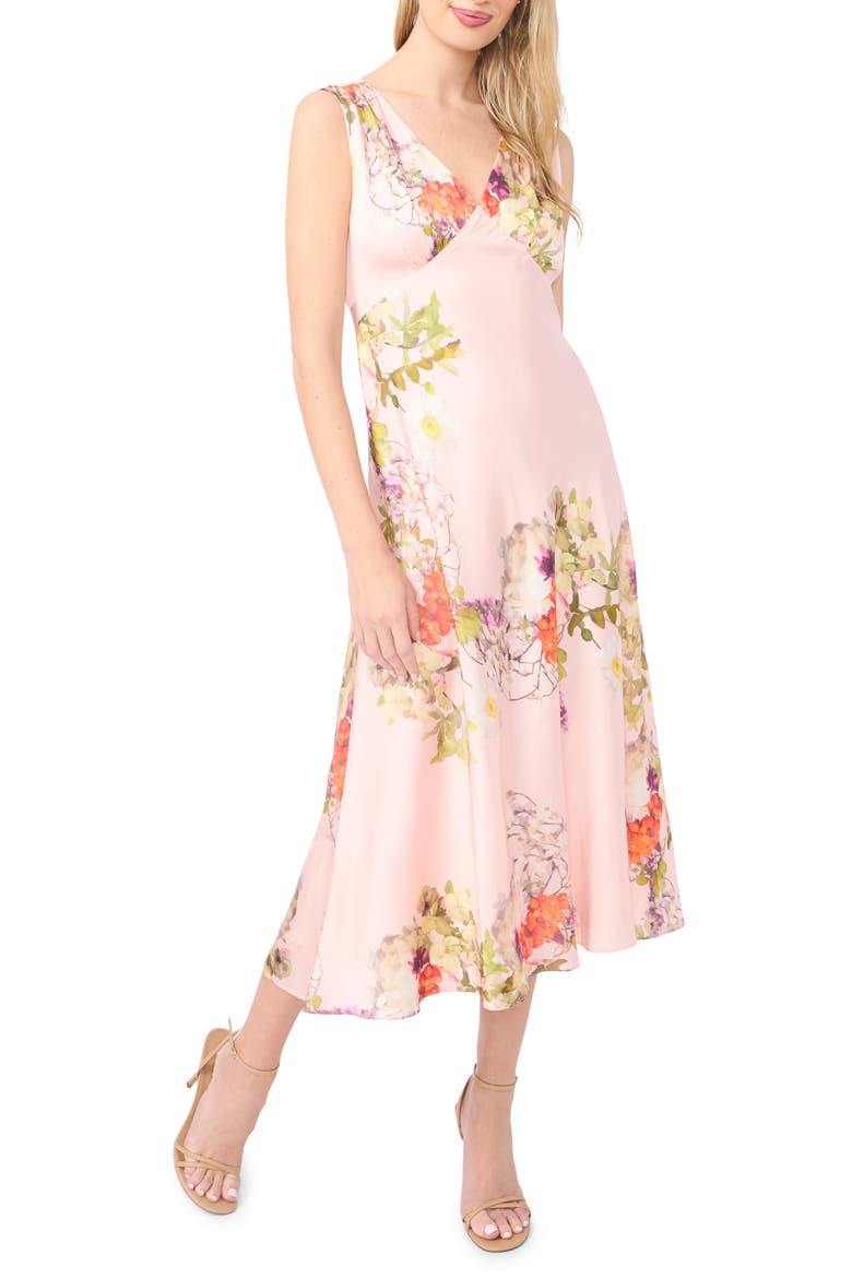 Alina Floral Deep V-Neck Satin Midi Dress, Main, color, CLOUD PINK