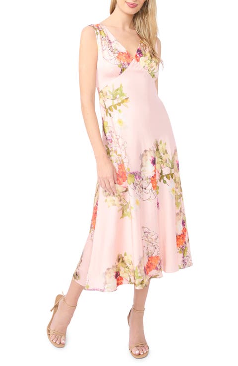 Alina Floral Deep V-Neck Satin Midi Dress