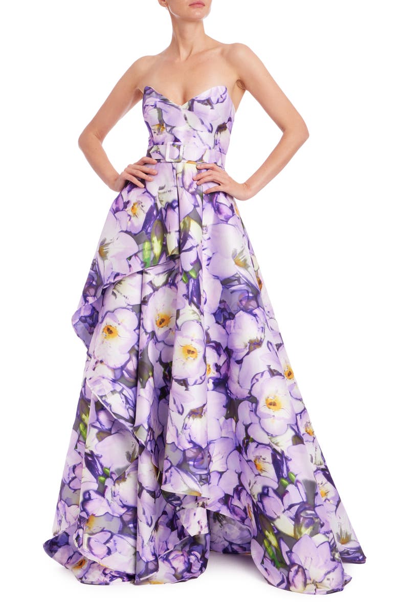 Badgley Mischka Collection Floral Belted Strapless Ballgown, Main, color,