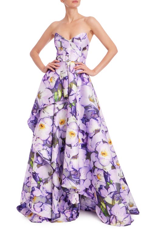 Badgley Mischka Strapless Floral-print Ruffle Gown In Lilac Multi