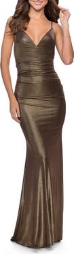 La Femme Metallic Dress with Draped Neckline and Ruching