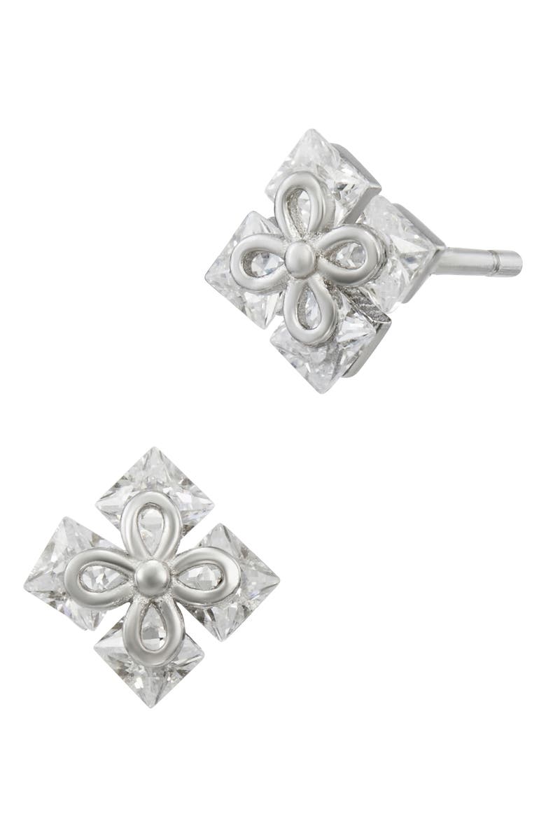 SAVVY CIE JEWELS Princess Cut Cubic Zirconia Quadrant Stud Earrings, Main, color, White