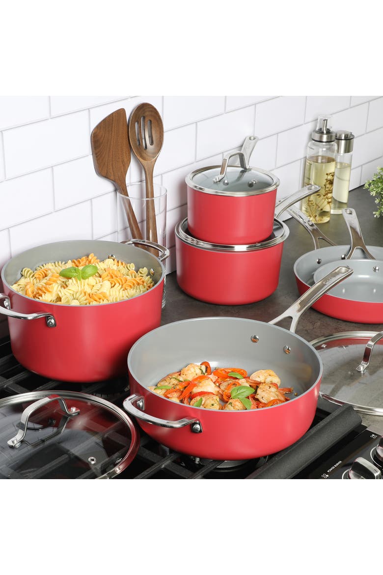 10 Piece Nonstick Aluminum Cookware Set in Matte Brick, Alternate, color, Red