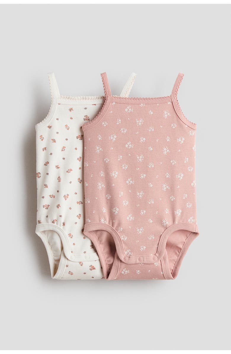 H&M 2-pack Ribbed Cotton Bodysuits, Main, color, Light Dusty Pink/Floral