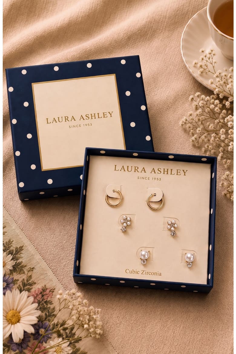 Set of 3 Imitation Pearl & Cubic Zirconia Earrings, Alternate, color, WHITE/ CLEAR/ GOLD