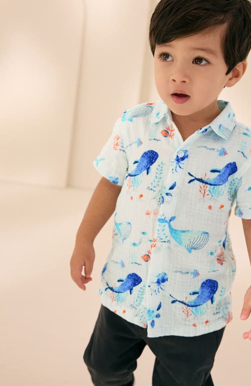 Next Kids' Sea Life Print Short Sleeve Cotton Button-up Shirt In Blue